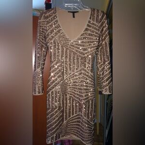 BCBGMaxAzria Rose Gold Long Sleeve Sequin Dress | XXS (00) | Like New